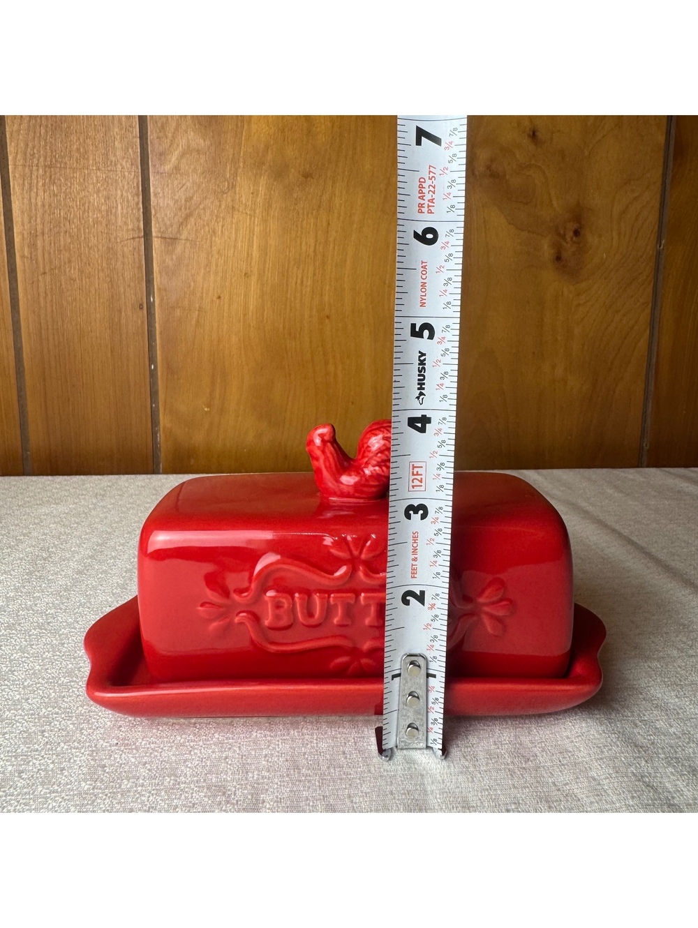 Vintage Red Ceramic Butter Dish with Rooster Knob Farmhouse Kitchen Decor - Picture 9 of 9